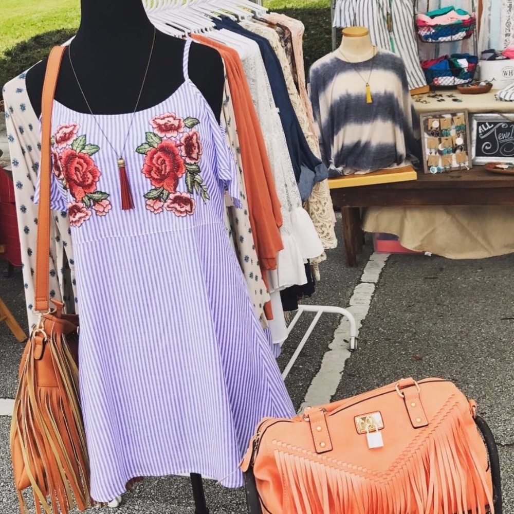 Brand New Blue & White Striped dress w Rose Detail
